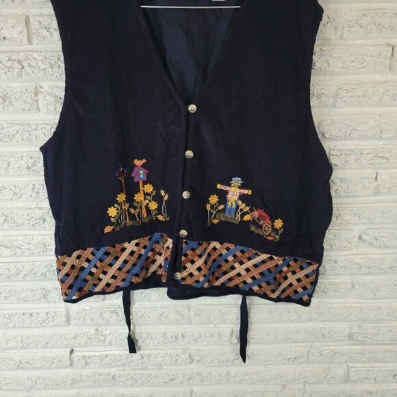 Victoria Jones Womens Vest 3X Plus Blue Embroidered Scarecrow Birdhouse BLU56E - Picture 4 of 9